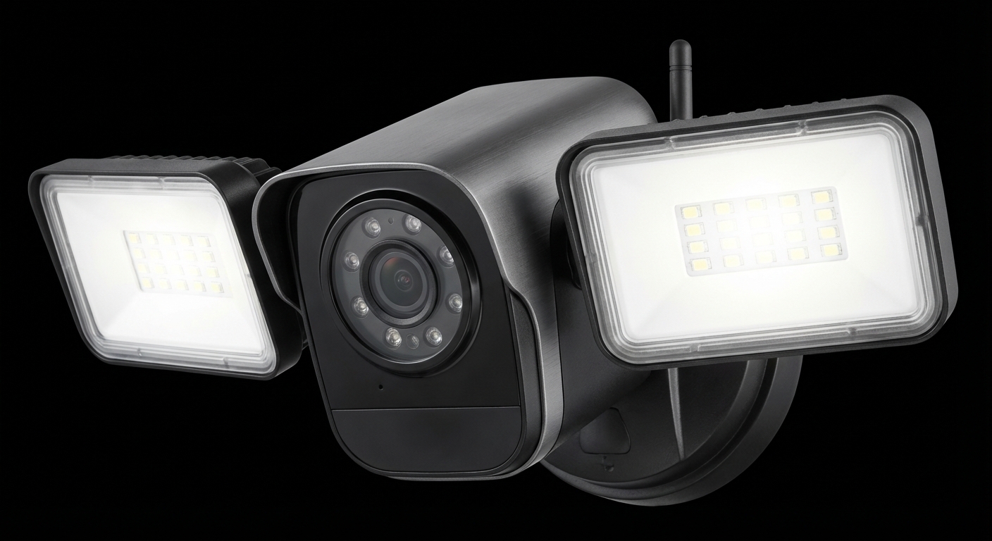 Floodlight security camera installed on building exterior at night