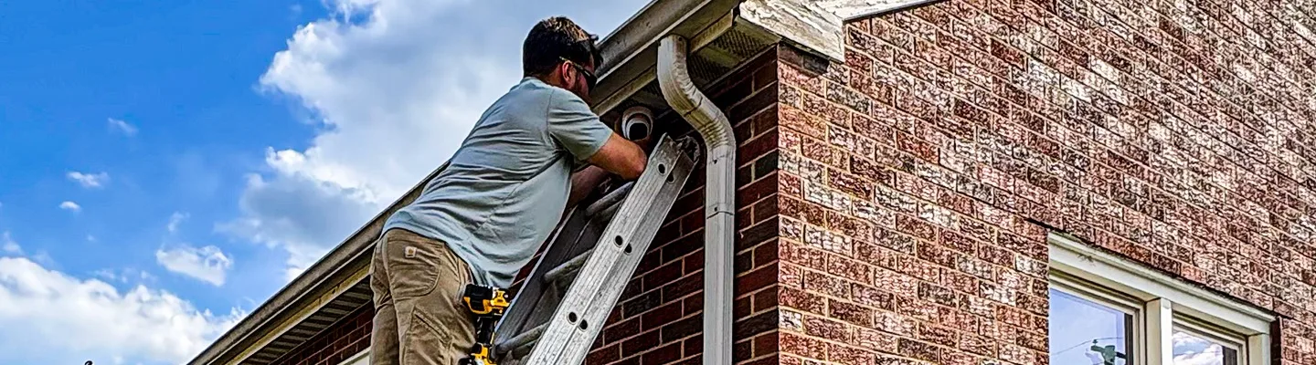 Security camera installation professional on-site at a property