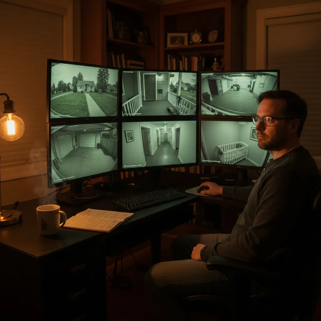Multiple security camera feeds displayed on a monitoring screen